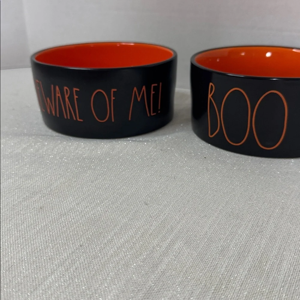 Rae Dunn BOO & BEWARE OF ME Halloween 6” pet Food Water Bowls Black Orange NWOT